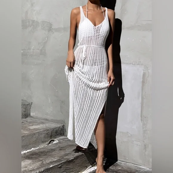 Lena Vie Boutique Swim | Boho Beach White Crochet Maxi Dress with Optional Waist Tie | Color: White | Size: M | Luv2luvutoo's Closet